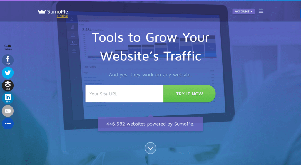 SumoMe website landing page reads "Tools to Grow Your Website's Traffic" and it has an entry box that reads "Your Site URL" with a button that reads "TRY IT NOW."