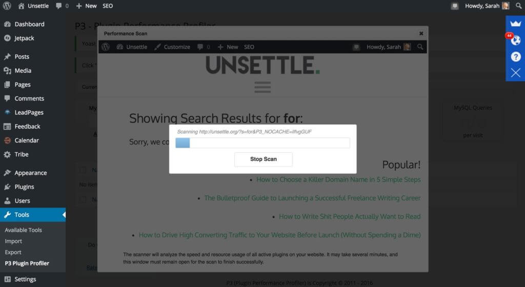 The WordPress editor back end for the Unsettle website, showing a progress bar for a site scan.
