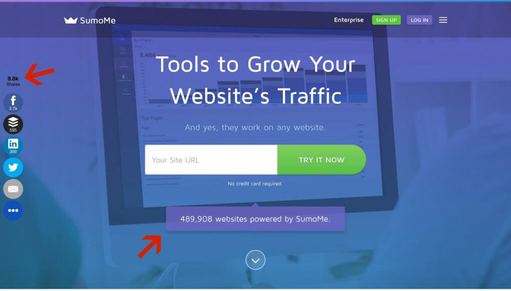 On the SumoMe home page, in the left-hand social sharing bar, at the top there is small text that reads "9.8K Shares." Underneath the main call to action box, where the user enters their site URL, callout text reads "489,908 websites powered by SumoMe."