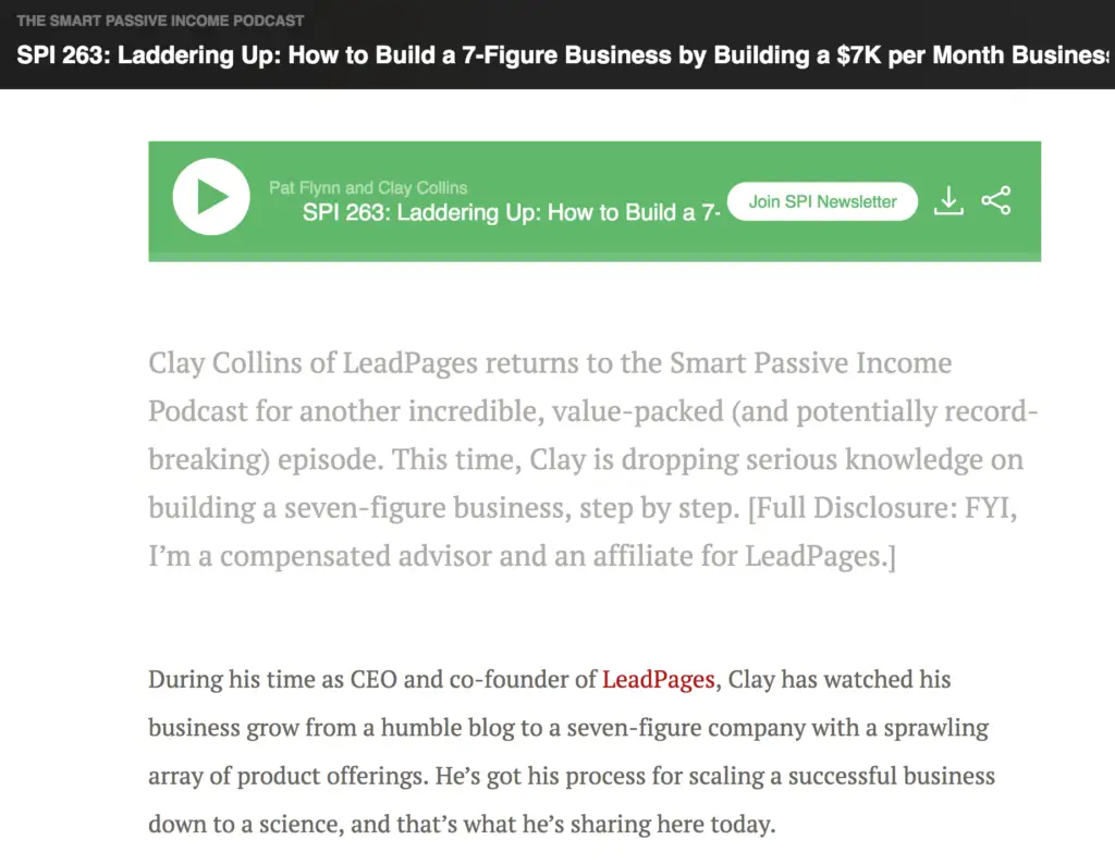 Screenshot of the SPI 263 podcast show notes, which is an interview with Clay Collins from LeadPages. On the page, there is an affiliate link to LeadPages.