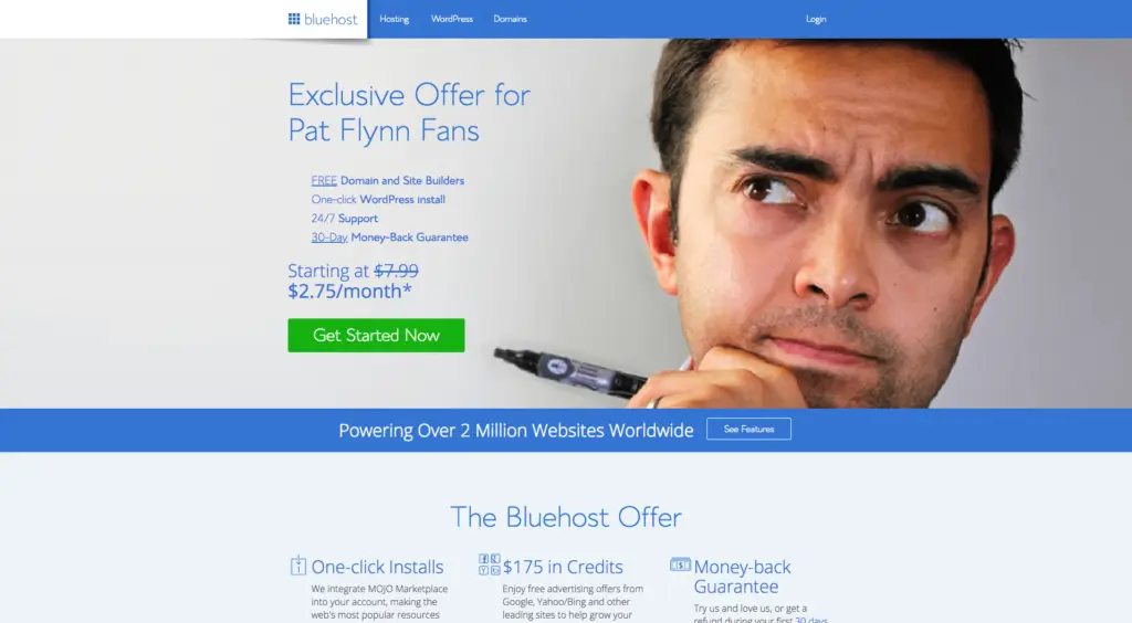 Screenshot of the custom SPI affiliate landing page on Bluehost, featuring a picture of Pat Flynn