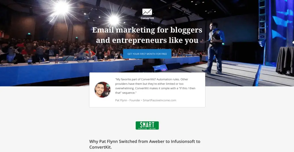 Screenshot of the custom SPI affiliate landing page on ConvertKit, featuring a picture of Pat Flynn speaking on stage