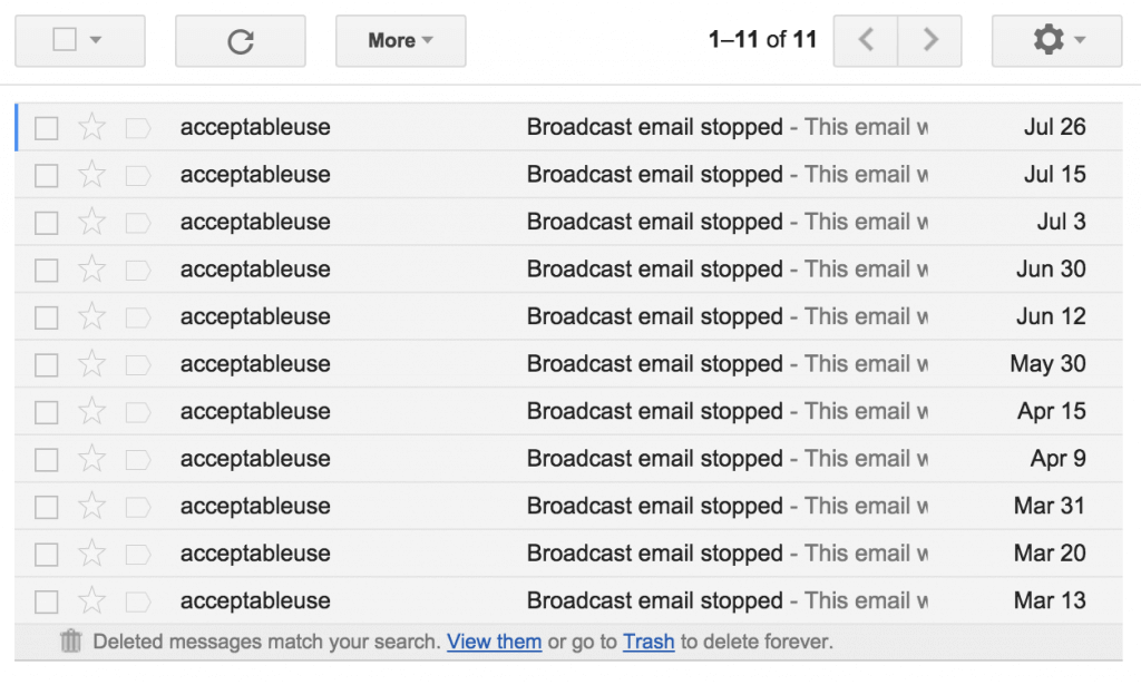 Image of a list of stopped emails from Infusionsoft