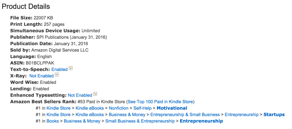 Screenshot showing the Kindle book at #53 paid in the Kindle store, #1 in Motivational, Startups, and Entrepreneurship categories.