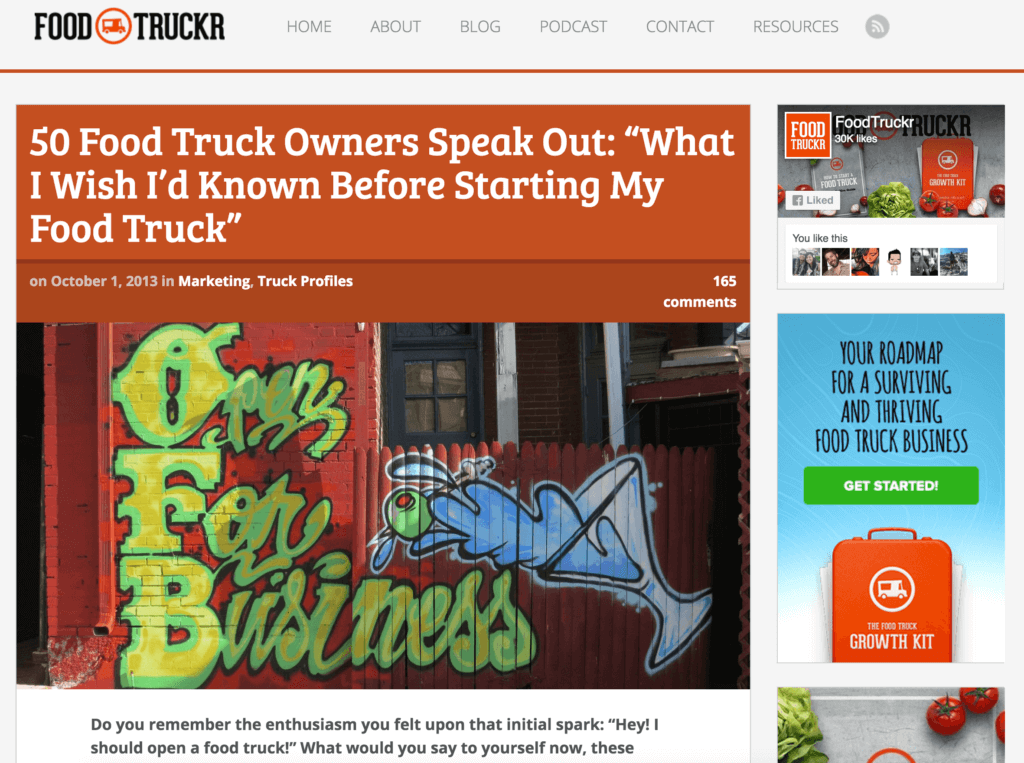 Food Truckr website with the featured article "50 Food Truck Owners Speak Out: 'What I Wish I'd Known Before Starting My Food Truck'"