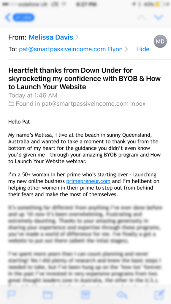 Screenshot of an email from Melissa Davis saying thank you for BYOB. She is a 50+ woman building a business for women over 50.