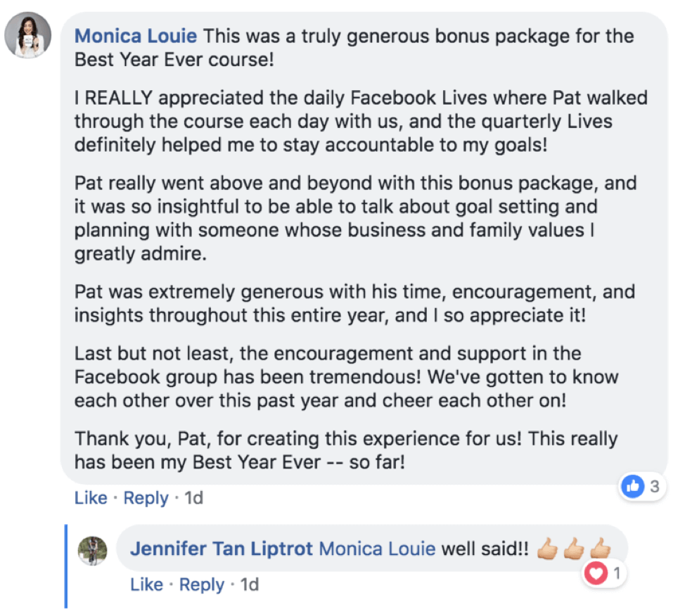 Facebook testimonial from Monica Louie for Best Year Ever. TL;DR: She appreciated the live calls, his encouragement, and feedback.