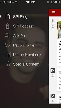 An app hamburger menu, listing SPI Blog, SPI Podcast, Ask Pat, Pat on Twitter, Pat on Facebook, and Special Content
