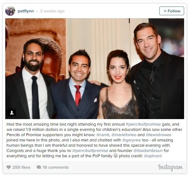 Screenshot of an Instagram post about the Pencils of Promise gala. The photo is of Ramit Sethi, Pat, Marie Forleo, and Lewis Howes.
