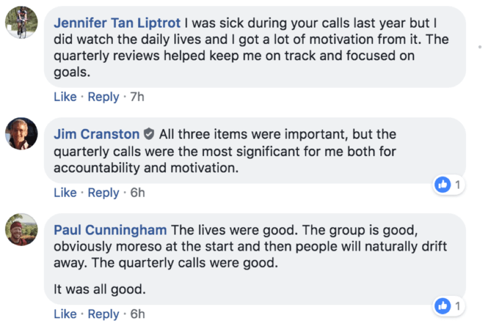 Screenshot from Facebook with three comments, all saying that the quarterly review calls were very helpful.