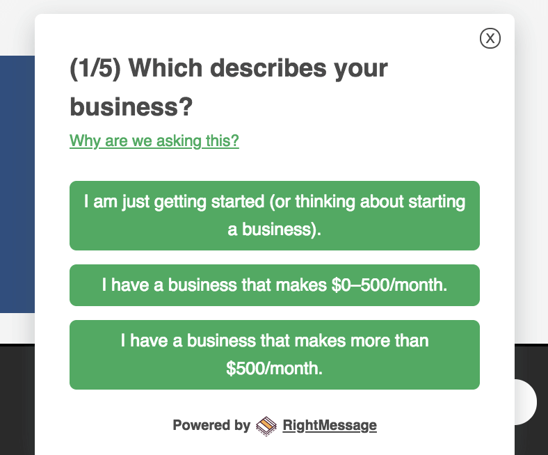 RightMessage survey example with the question "Which describes your business?" and three buttons with answers: "I am just getting started," or "I have a business that makes $0–500/month," or "I have a business that makes more than $500/month."