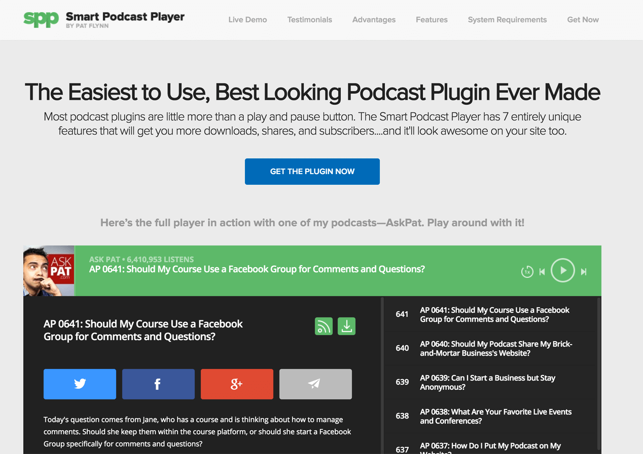 Smart Podcast Player home page, with the headline "The Easiest to Use, Best Looking Podcast Plugin Ever Made"

Below the headline is some descriptive text, followed by a blue "Get the Plugin Now" button. Underneath that is the embedded full player, showing the entire archive of the Smart Passive Income Podcast.