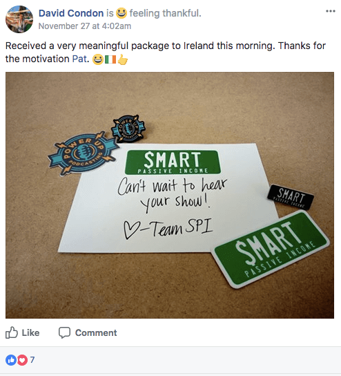 Facebook post showing a thank you package from SPI with a card, stickers, and pins.