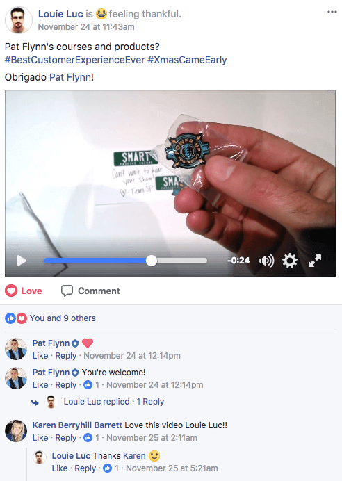 Facebook post with a video of someone showing off their pin.