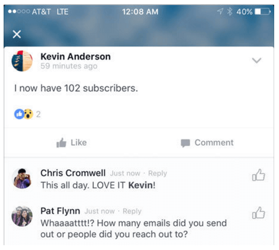 A screenshot of a Facebook post from Kevin Anderson that reads "I now have 102 subscribers."
