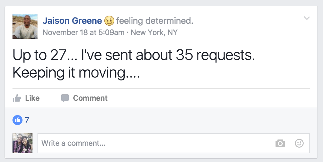 A Facebook post from Jaison Greene that reads "Up to 27...I've sent about 35 requests. Keep it moving..."