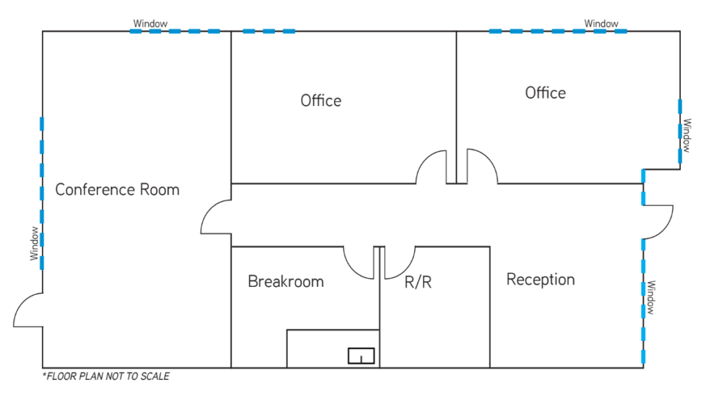 SPI studios layout, with two offices, a conference room, a breakroom, and reception area