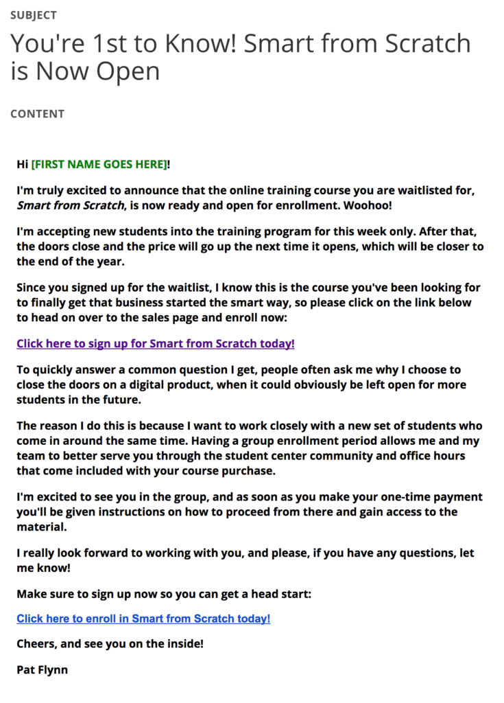 Screenshot of an email with the subject line "You're 1st to Know! Smart From Scratch is Now Open."