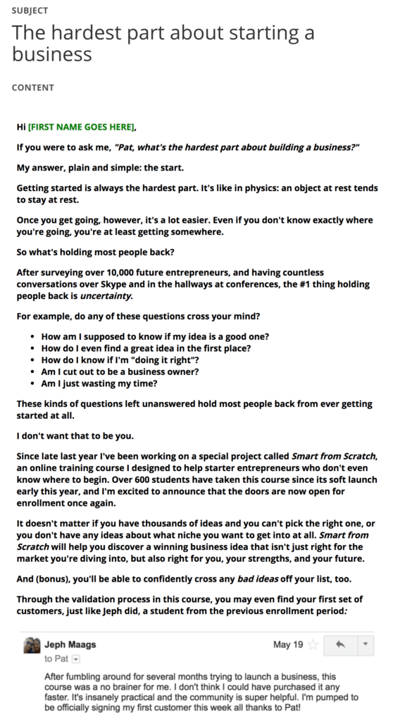 Email with the subject line "The hardest part about starting a business."