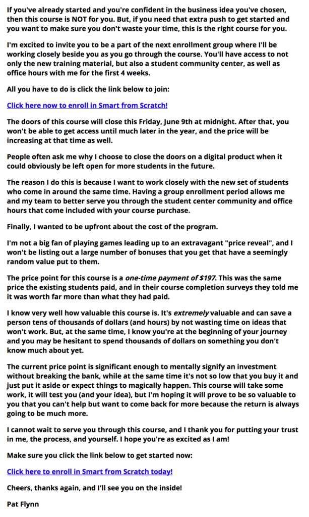 Long text describing the course, interspersed with the call to action "Click here now to enroll in Smart From Scratch!"