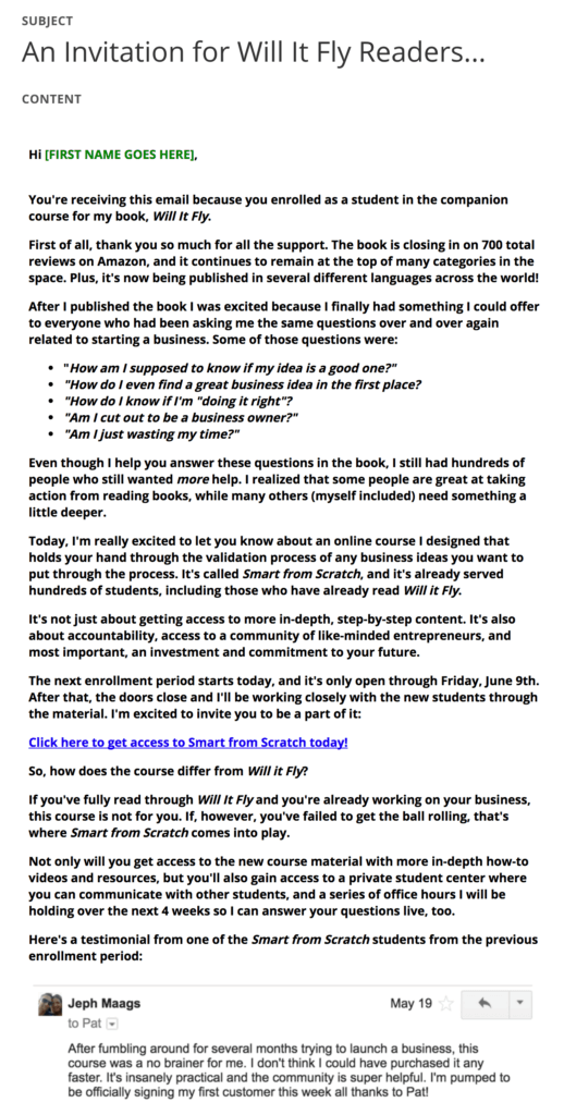 Email with subject line "An Invitation for Will It Fly Readers..."