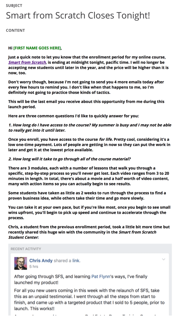 Email with subject line "Smart From Scratch Closes Tonight!" The email includes answers to common course questions and a Facebook testimonial.