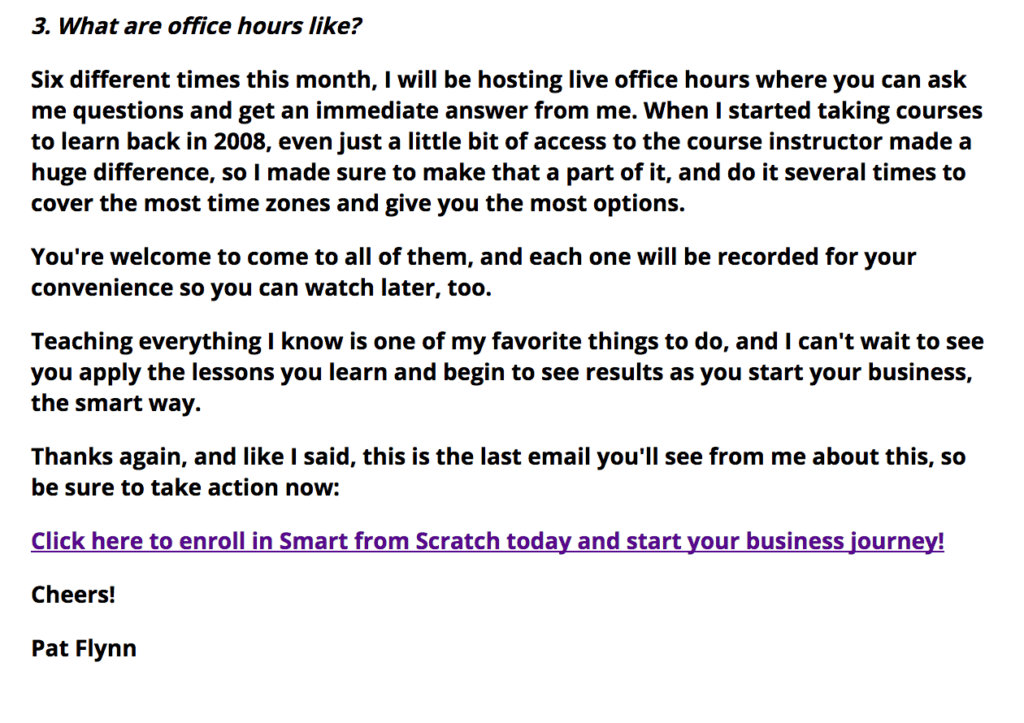 End of the email with the call to action reading "Click here to enroll in Smart From Scratch today and start your business journey!"