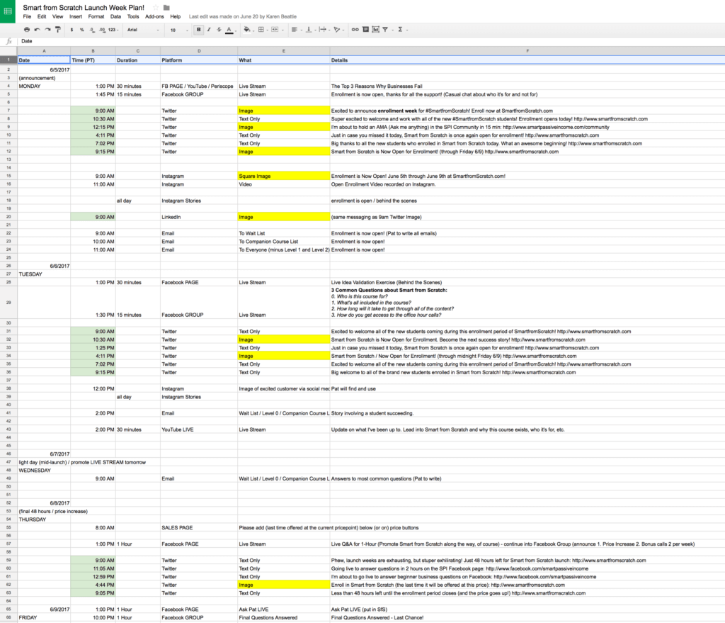 Spreadsheet with a weekly schedule of social posts