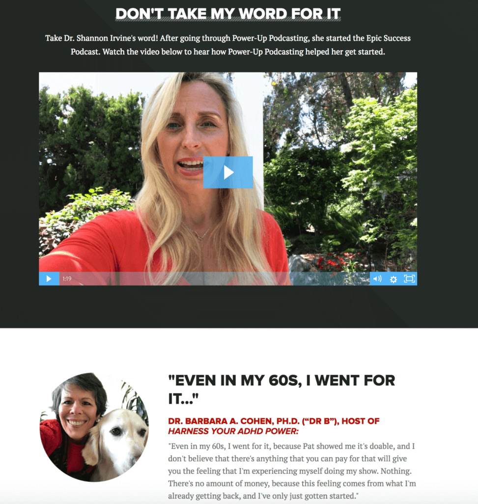 A screenshot of two testimonials on the sales page. The first is from Dr. Shannon Irvine and is a video testimonial. The second is a written testimonial from Dr. Barbara A Cohen, with a picture of Dr. B and her golden retriever.