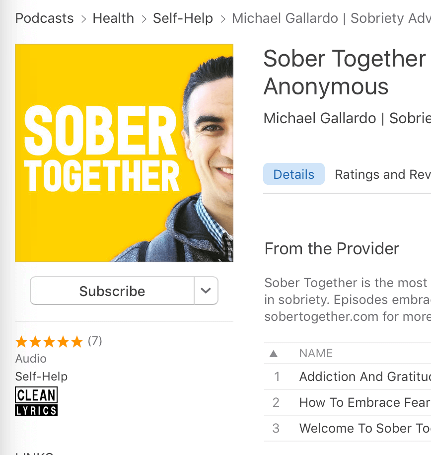 A screenshot of the Apple Podcasts listing for Michael Gallardo's podcast, Sober Together Anonymous.