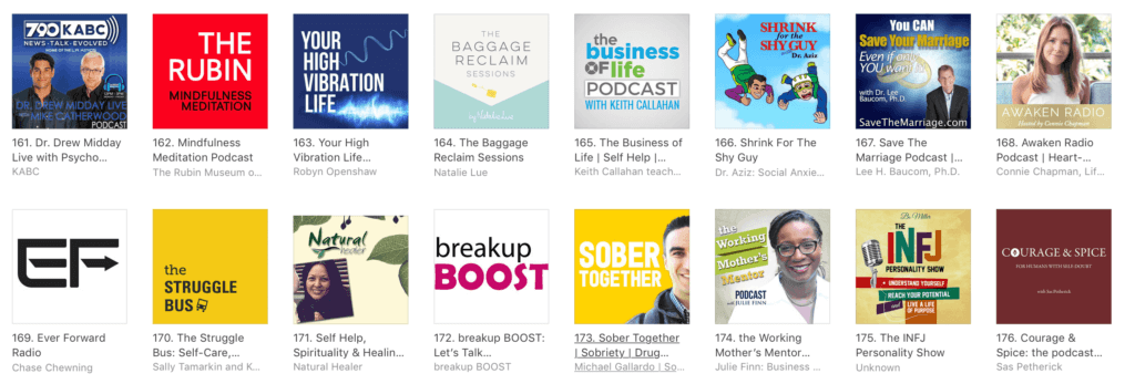 A screenshot of the Apple Podcasts gallery showing 16 psychology/personal growth podcasts. Michael's show, Sober Together, is amongst the gallery.