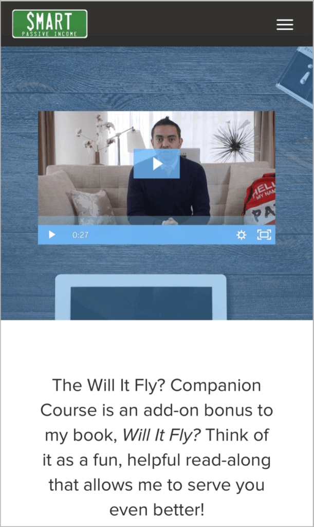 A mobile screenshot of the Will It Fly companion course registration page, with a video of Pat at the top and a course description below.