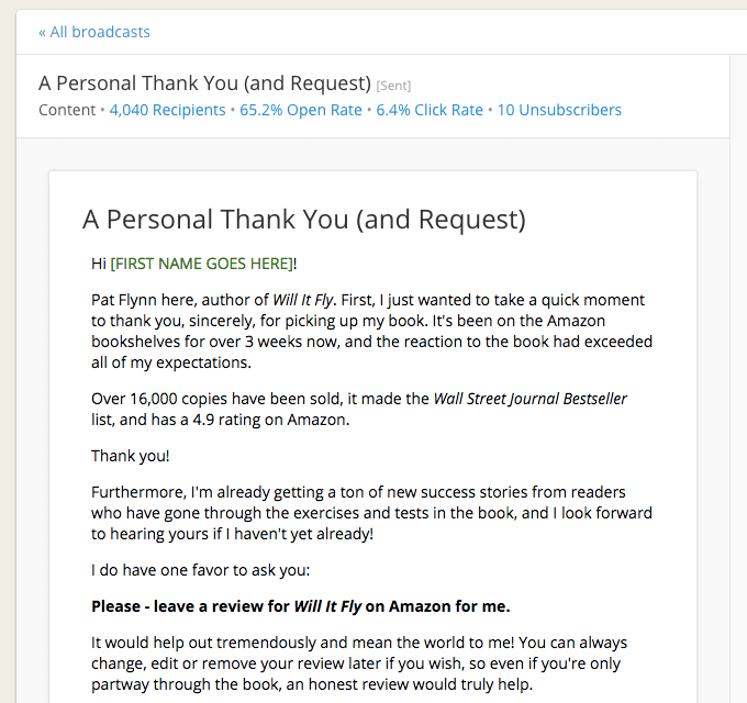 Email with the subject line "A Personal Thank You (an Request)." The email thanks the reader for being part of the book's success (and it talks a bit about that success), and then asks the reader to leave an honest review on Amazon.