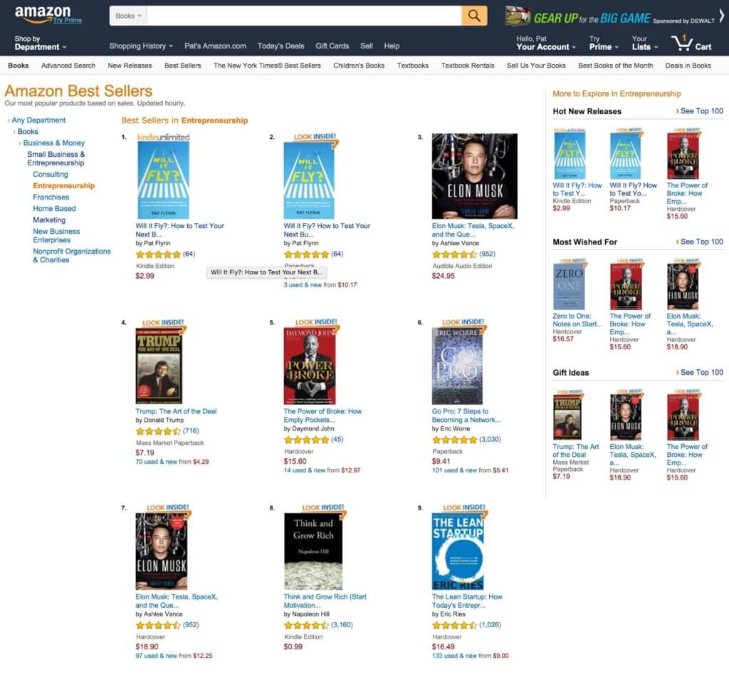 The Amazon Best Sellers chart showing Will It Fly? Kindle edition as the #1 book in entrepreneurship and the paperback edition as the #2 book in entrepreneurship.