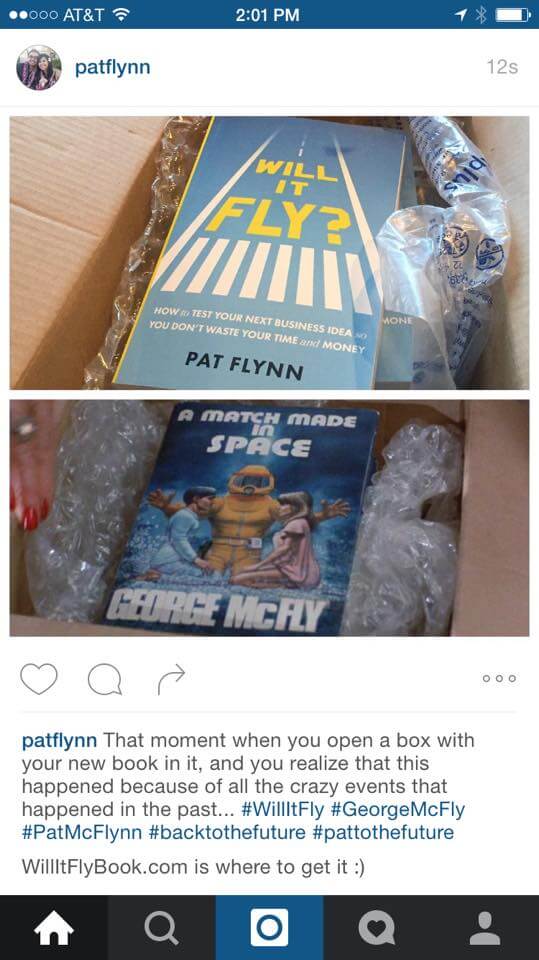 Instagram post from Pat with two pictures that look very similar. Both show an open cardboard box with a book in bubble wrap. The top photo shows Pat's book Will It Fly? and the bottom photo is from the movie Back to the Future, with George McFly's book A Match Made in Space.