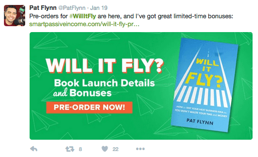Will It Fly marketing on Twitter. The Twitter post reads "Pre-orders for #WillItFly are here, and I've got great limited-time bonuses" with a link to the bonus. The image preview shows the book cover and reads "Will It Fly? Book Launch Details and Bonuses. Pre-order now!"