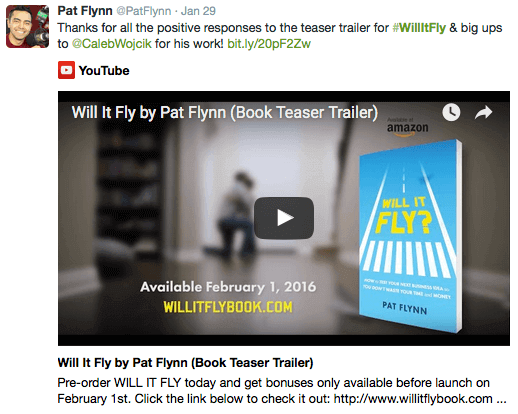 Tweet from Pat with the Will It Fly video trailer.