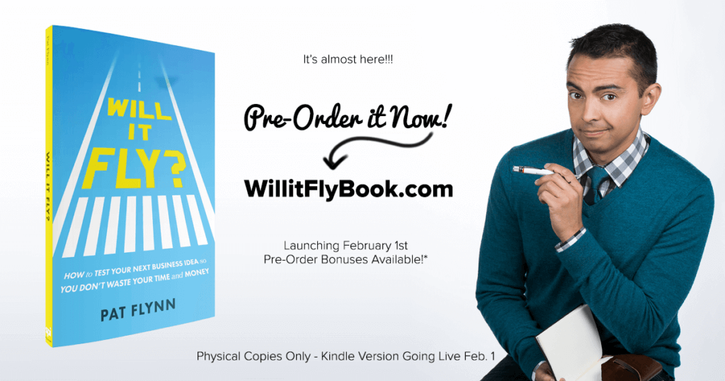 Image of the blue Will It Fly? book on the left, Pat on the right in a turquoisey blue sweater, and the copy: It's almost here! Pre-order it now! WillItFlyBook.com. Launching February 1st, pre-order bonuses available.