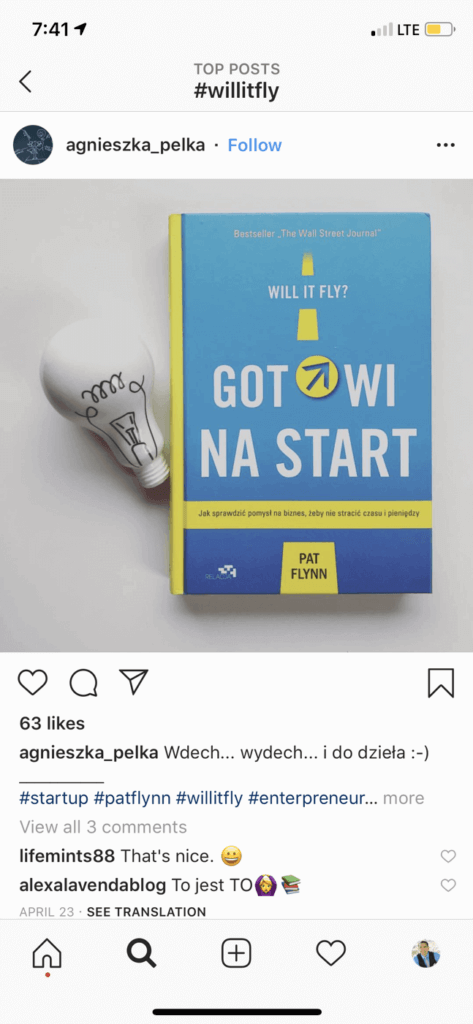 An Instagram post of the Will It Fly Polish edition, with a yellow arrow pointing up and to the left.