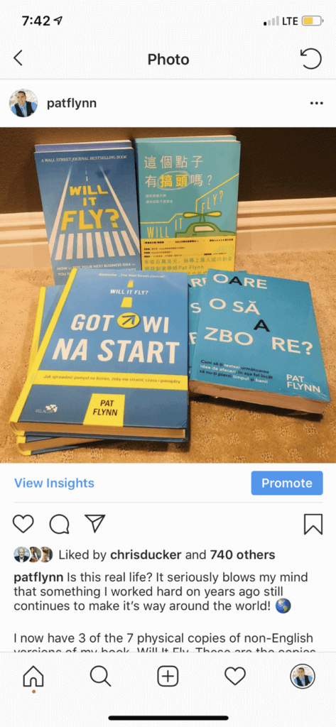 Instagram photo of Will It Fly foreign translations. The books have the same blue and yellow color scheme but different layouts.
