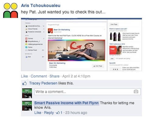 A Facebook post from Aris showing an image of an ad using a poorly formatted photo of Pat.