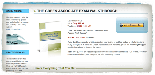 This page is laid out with a left sidebar with features. In the main panel area, there is a left-aligned image of the PDF. In the main panel right-hand column, it begins with the List Price of $49.99 struck out, below that the Price of "Only $29.95," and "You Save: $20.00 (40% off)." Details about the guide fill the rest of the column. On the right-hand side of the page is an offset "Add to Shopping Cart" button on a blue background.
