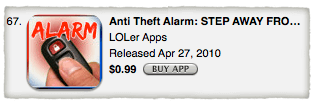 Ranking for "Anti Theft Alarm" of 67. The app costs $0.99.