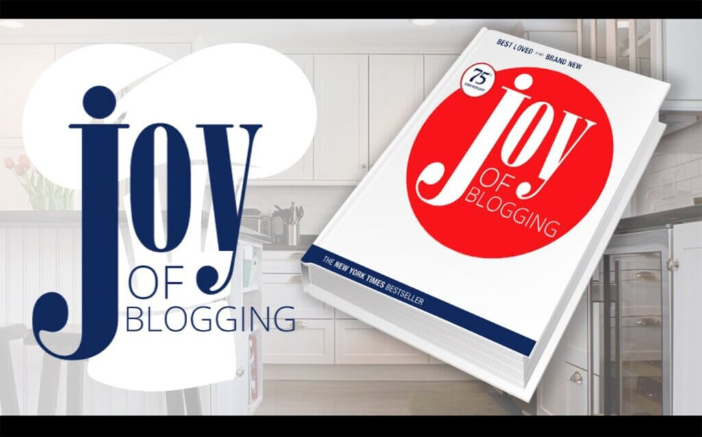A book that looks like the classic cookbook "Joy of Cooking," but instead reads "Joy of Blogging."