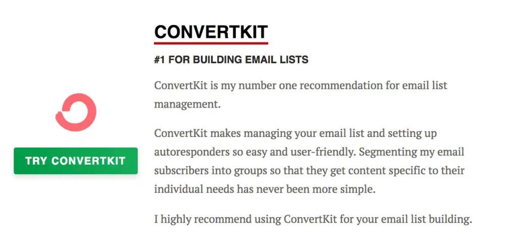 View of the ConvertKit recommendation block on the Tools page, which says "ConvertKit: #1 for Building Email Lists."