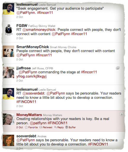 FINCON Tweets, showing quotes from the session and compliments for Pat's speaking.