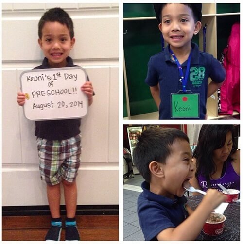 Picture of Keoni on his first day of preschool, holding up a sign and smiling with his name tag on.