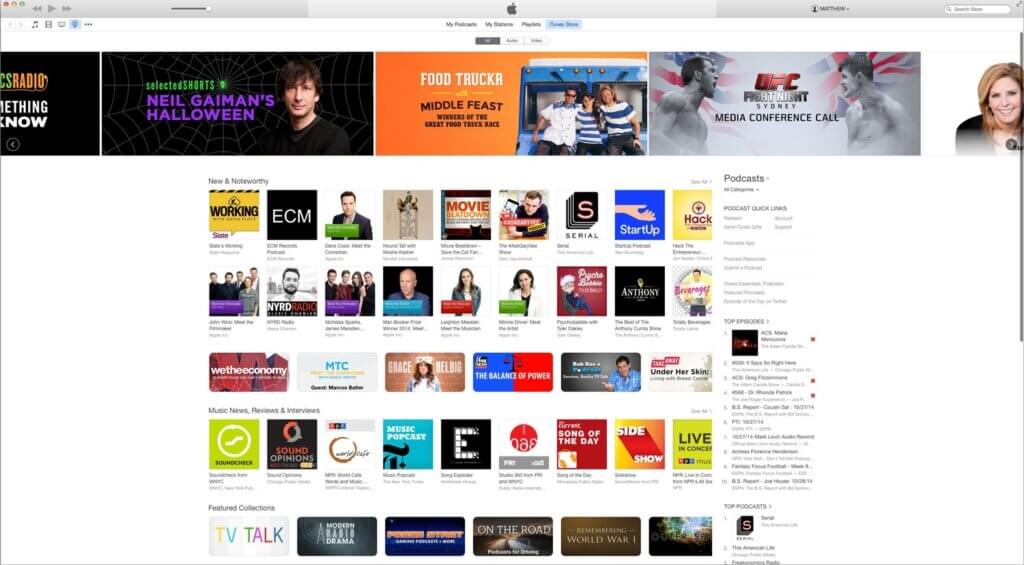 iTunes front page, featuring a wide picture of the FoodTruckr podcast in a carousel, between Neil Gaiman's Halloween and a UFC podcast.