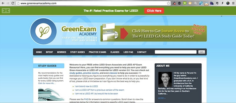Green Exam Academy front page, with a green banner at the top that says "The #1 Rated Practice Exams for LEED!" and a red button that says "Click Here."