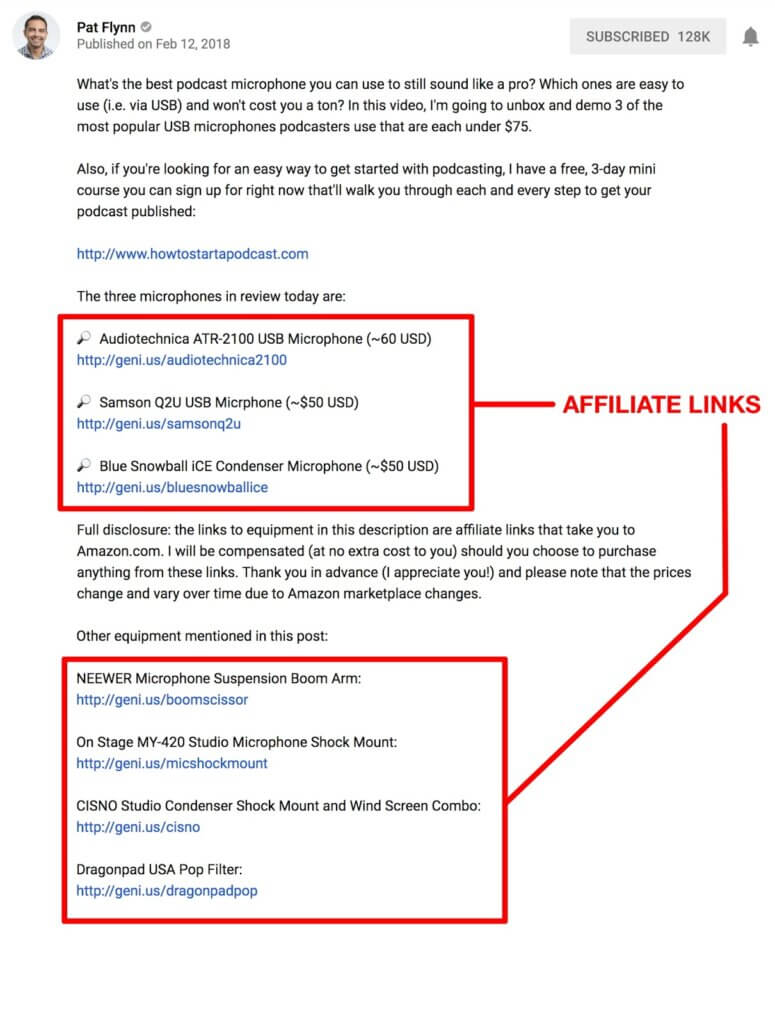 Screenshot of the YouTube video description for the microphone review video, which includes affiliate links to the three microphones, as well as affiliate links to four other recording accessories.